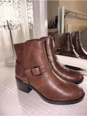 Soda Brown Faux-Leather Buckle Ankle Boots